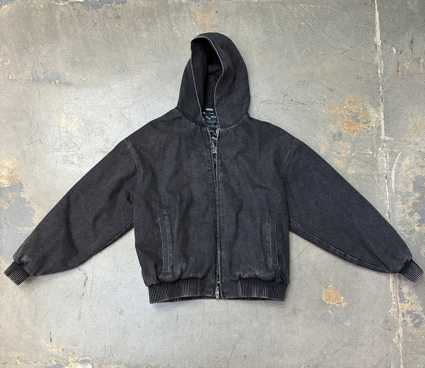 Shakawear Hooded Denim Bomber Washed Black Medium (Pre-Owned