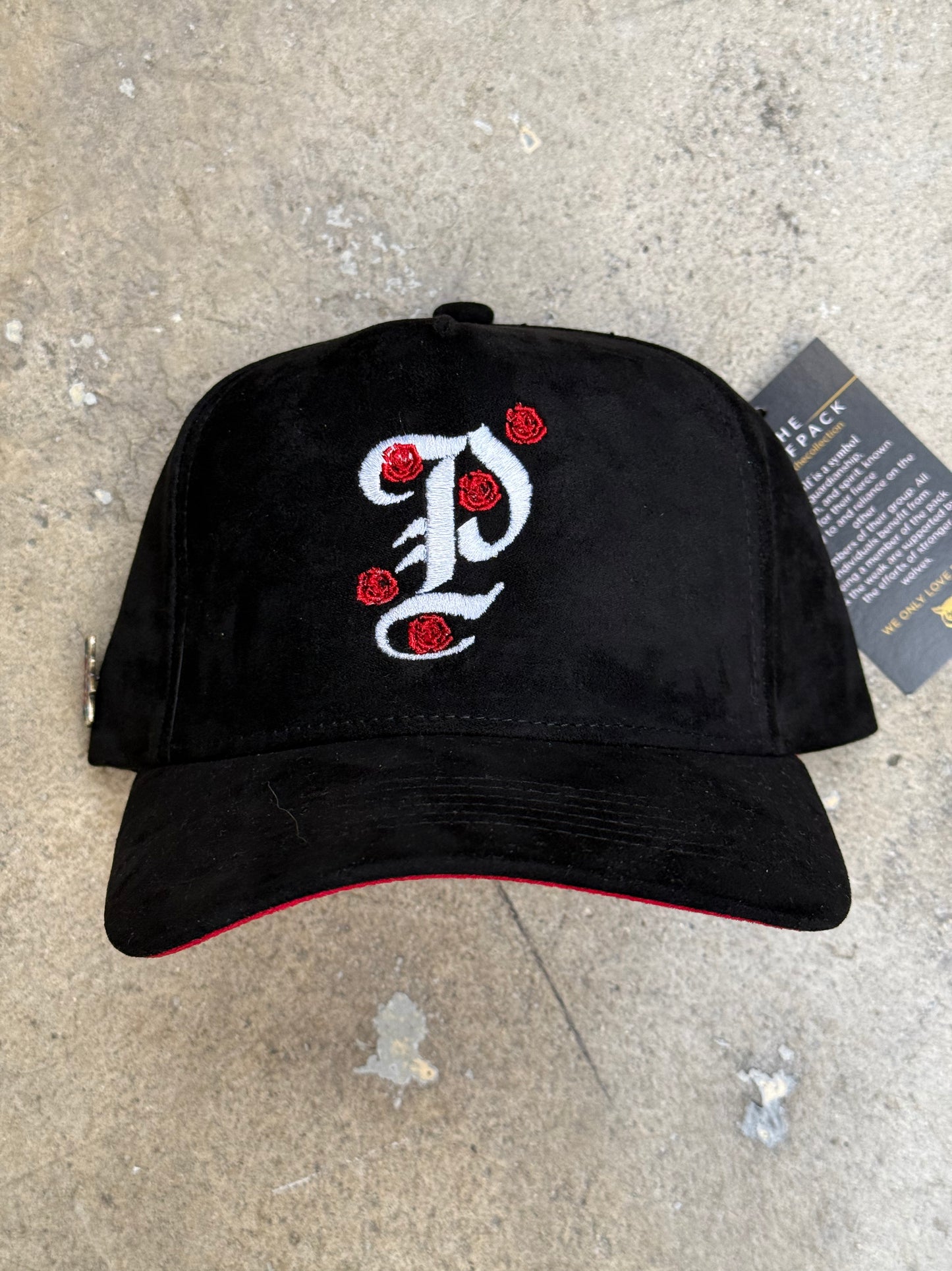 Wolf Collection P Rose Suede Red Bottom Snapback Black