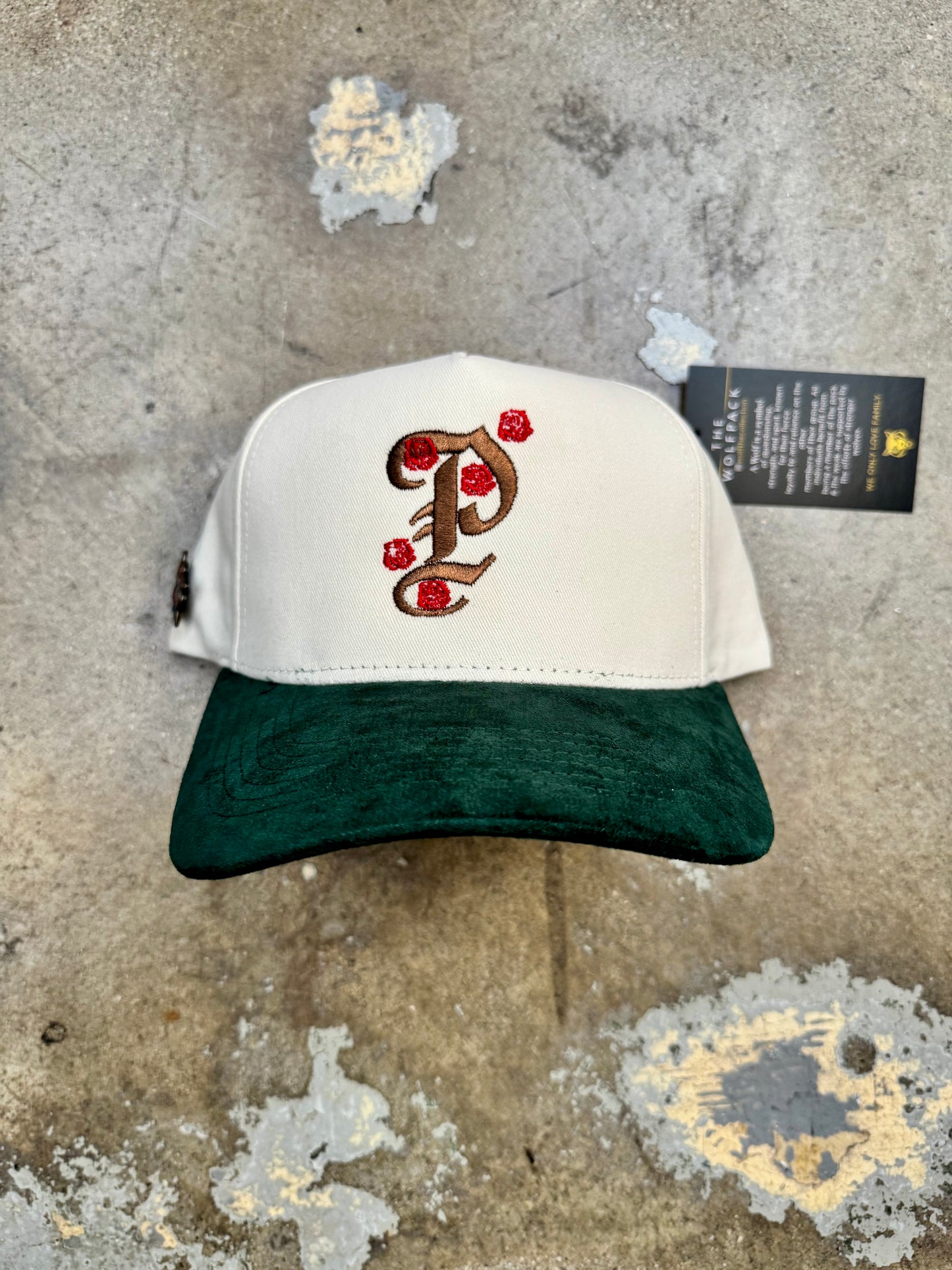 Wolf Collection "P" Rose Suede Brim Snapback Chrome/Forrest Green