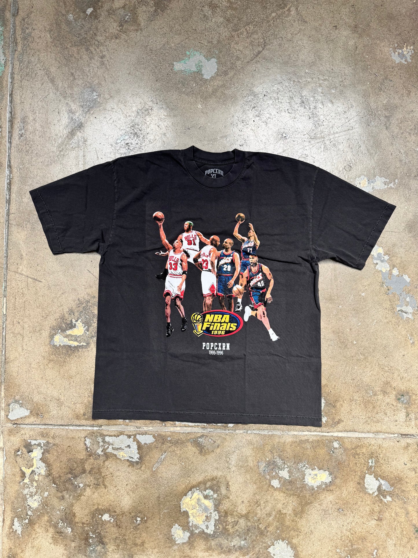 Popcxrn "The 1996 NBA Finals Chicago Bull VS Seattle Super Sonics Stats" T Shirt Washed Black