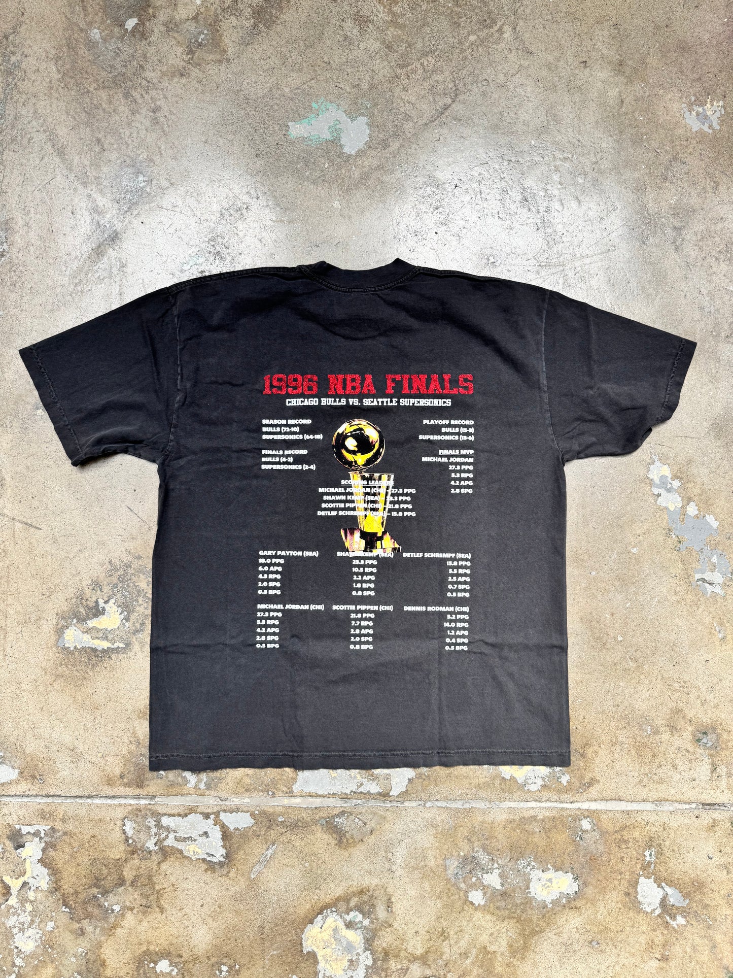 Popcxrn "The 1996 NBA Finals Chicago Bull VS Seattle Super Sonics Stats" T Shirt Washed Black