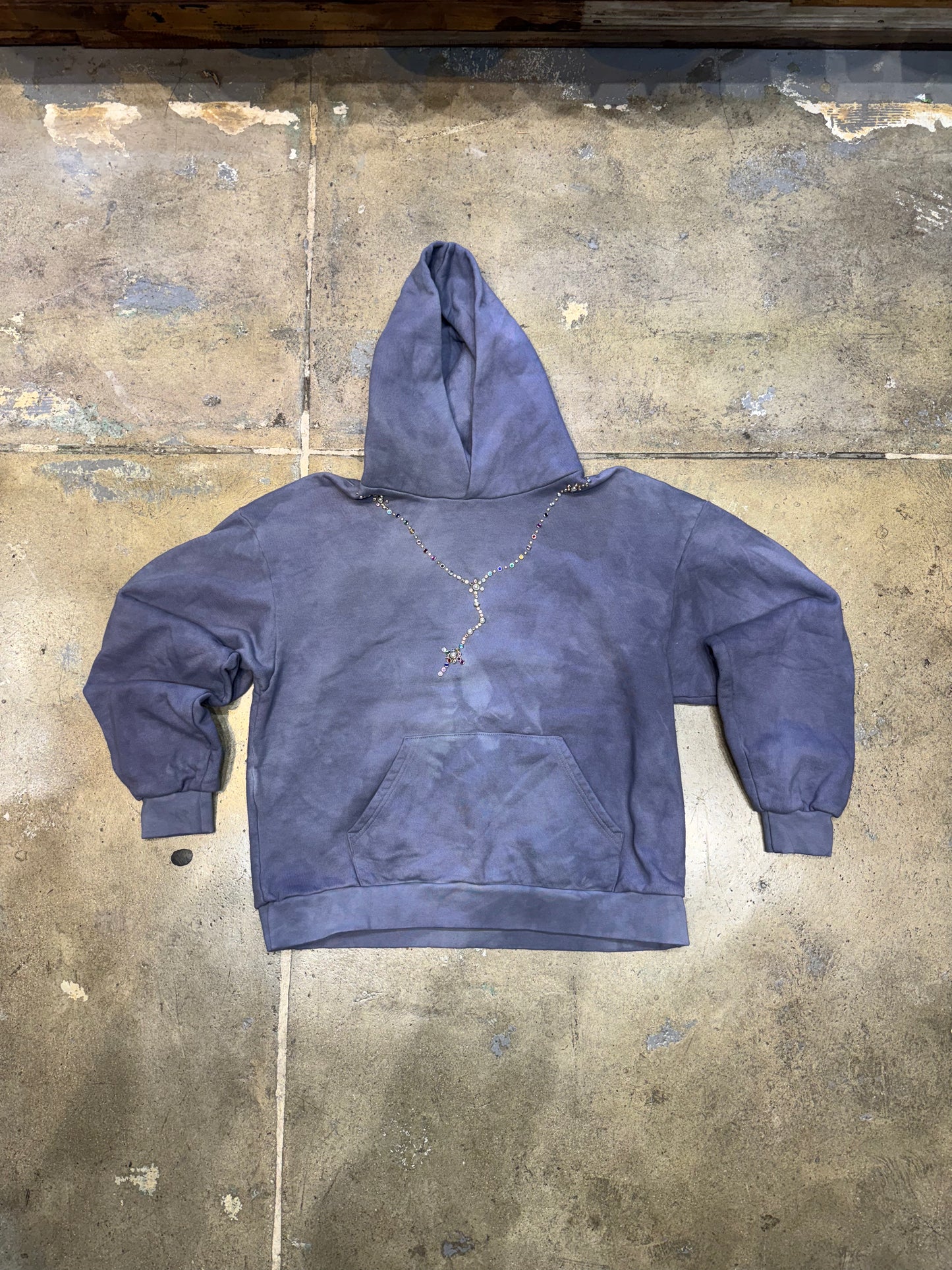 Vintage Wash Hoodie Rhinestone Rosary Washed Blue