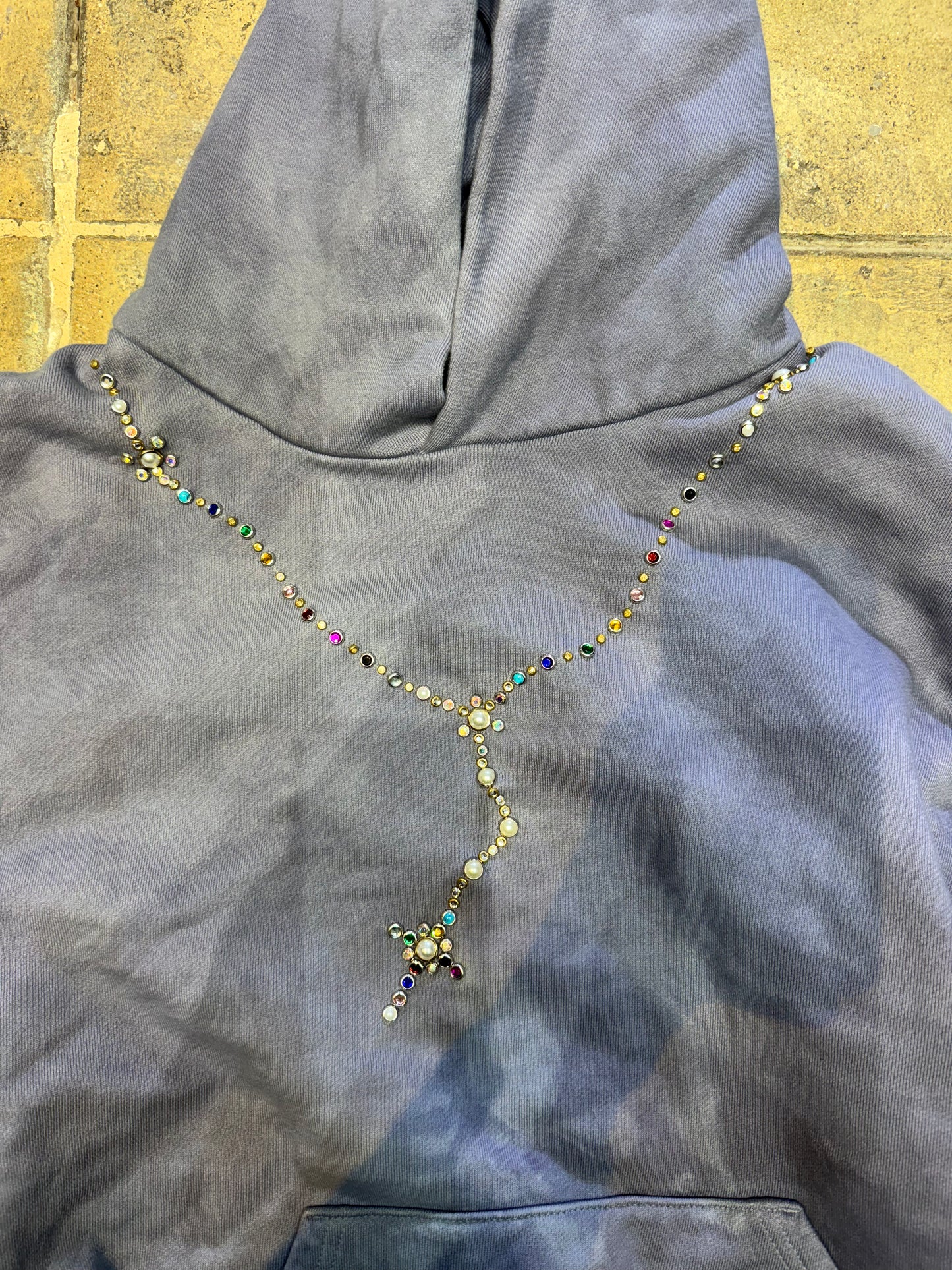 Vintage Wash Hoodie Rhinestone Rosary Washed Blue