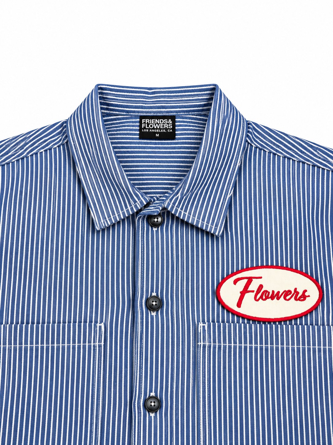 Workman Flower Patch Button Up Shirt Pinstripe Blue