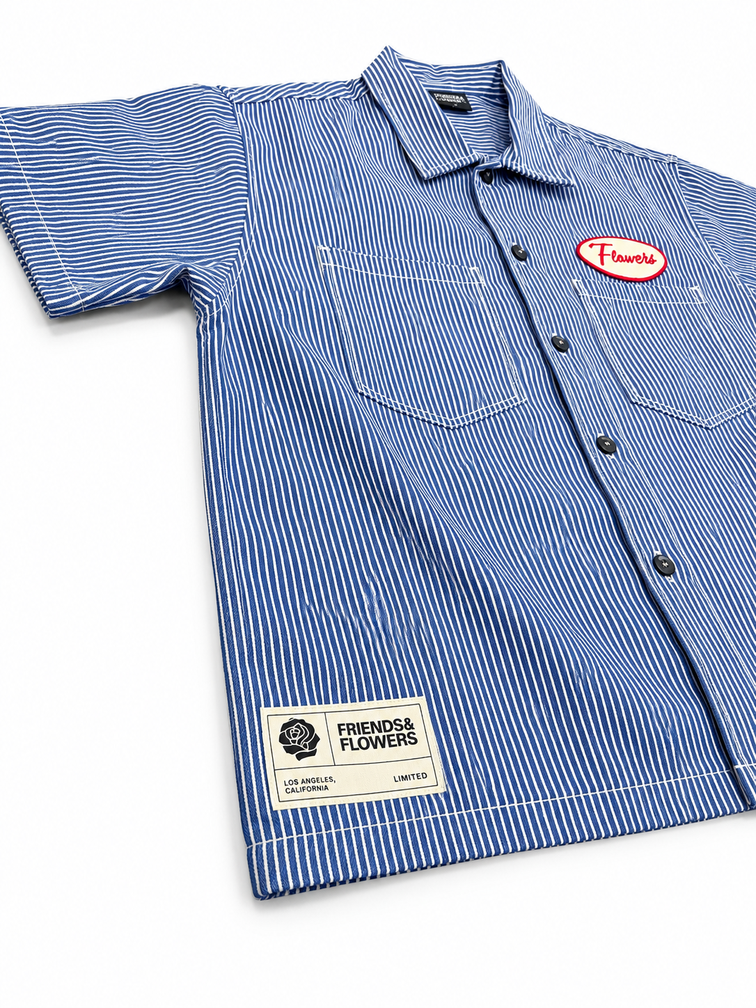 Workman Flower Patch Button Up Shirt Pinstripe Blue