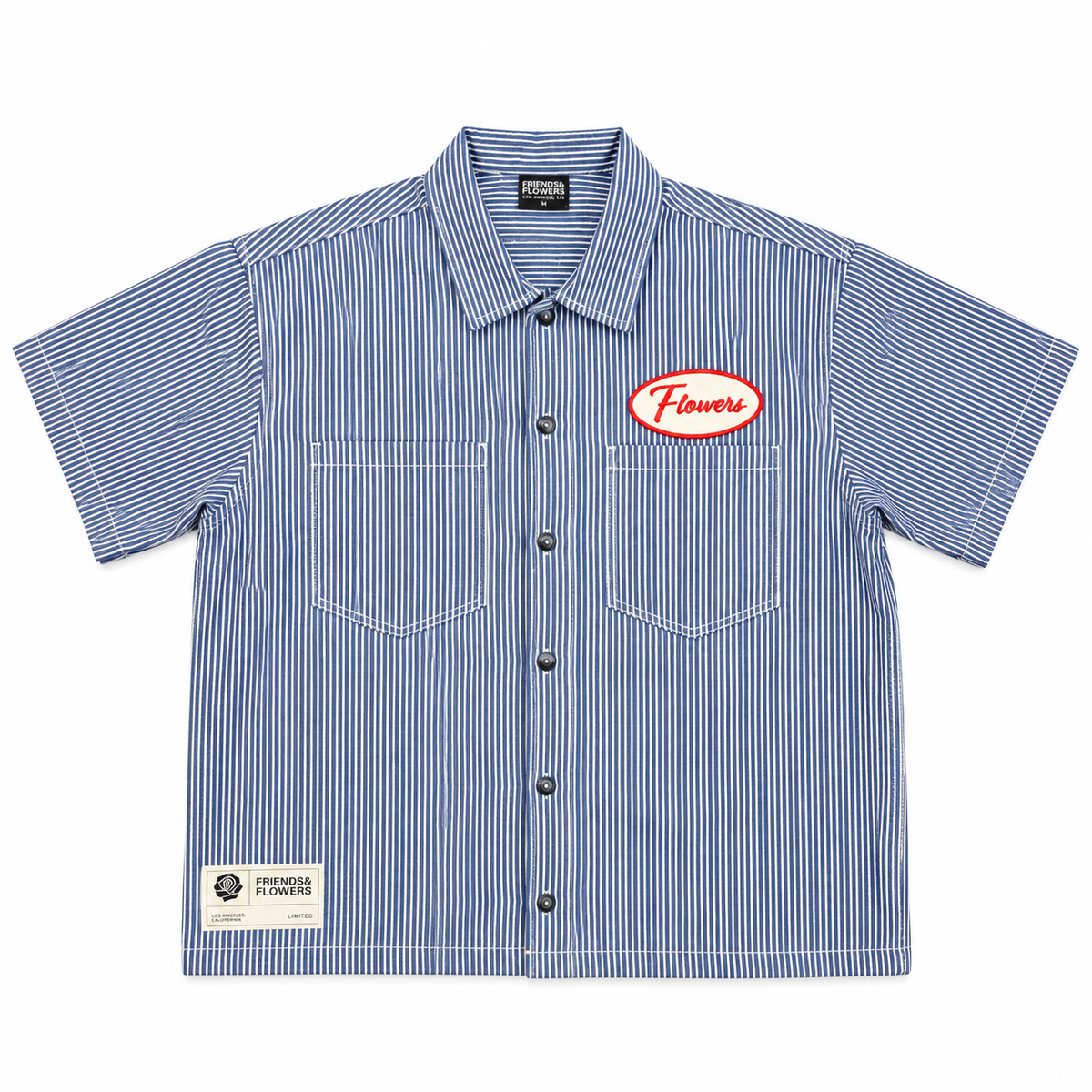 Workman Flower Patch Button Up Shirt Pinstripe Blue