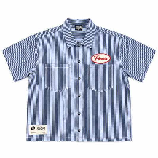 Workman Flower Patch Button Up Shirt Pinstripe Blue